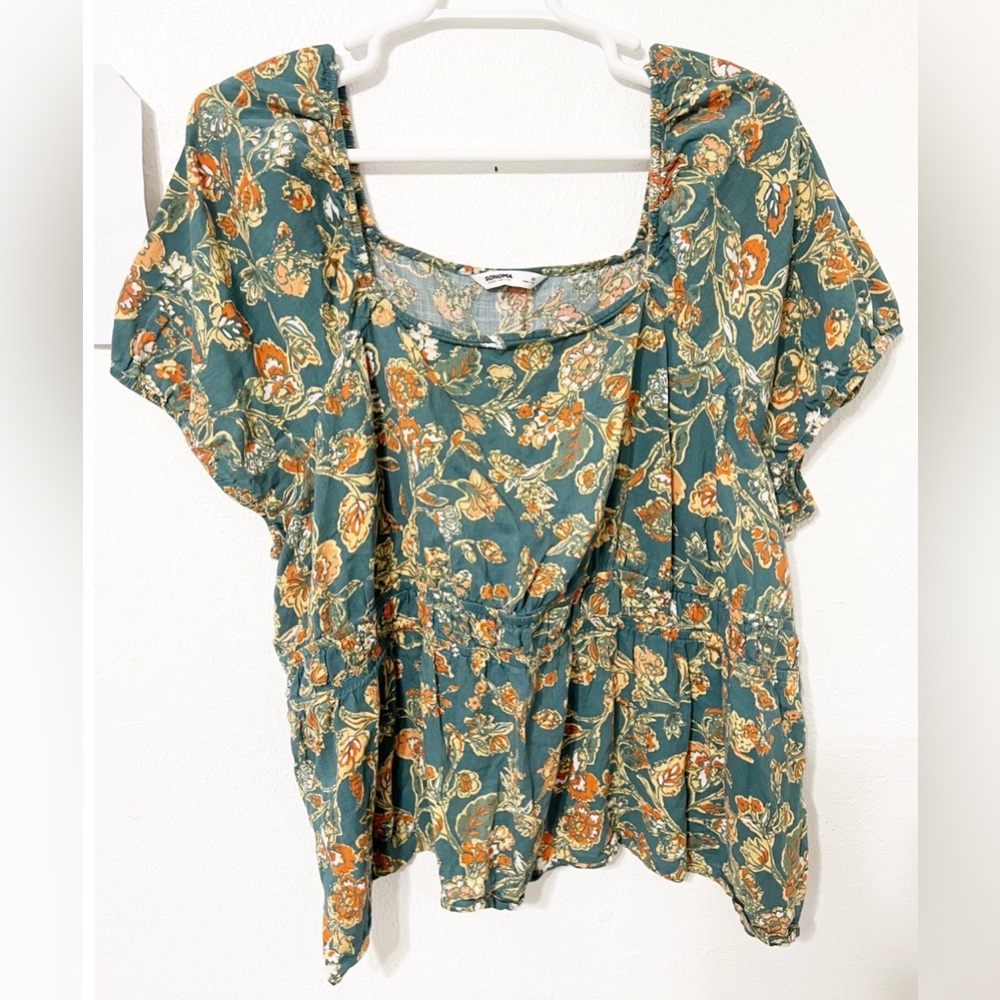 Sonoma Green Floral Peplum Short Sleeve Square Neck Blouse Boho Prairie Size 4X